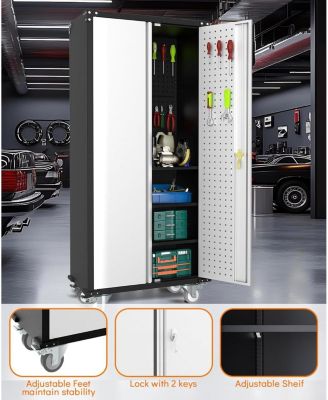 72-Inch Steel Metal Storage Cabinet with Wheels, Lockable Rolling Garage Organizer with Pegboard and 4 Adjustable Shelves