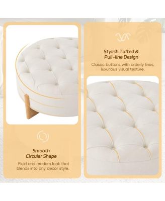 32" Round Tufted Ottoman, Chenille Footrest with Solid Wood Legs