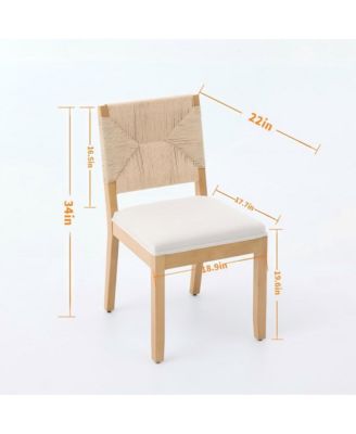 Set of 2 Rope Rattan Dining Chairs with Wood Frame and Linen Seat