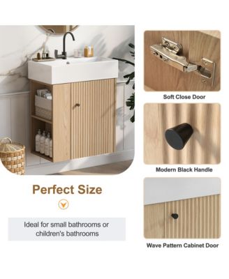 Modern 21.6 inch Floating Bathroom Vanity with Ceramic Basin and Left Side Storage in Wood Finish