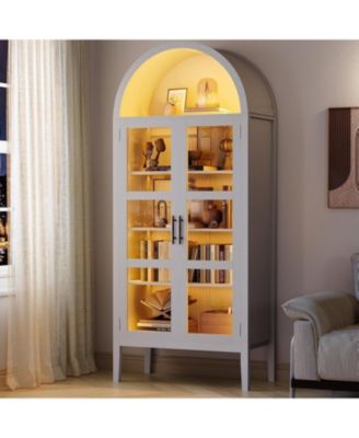 Tall Arched Kitchen Pantry Cabinet with LED Lights, Modern Wood Arched Bookshelf with Glass Doors & Adjustable Shelves, Elegant Display Cabinet