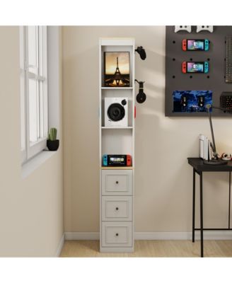 73" Tall Slim Storage Cabinet, 3-Tier Display Shelves with 3 Drawers and 2 Hooks, MDF Bookshelf for Living Room, Home Office