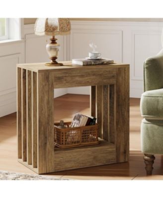 End Table Set of 2, Farmhouse Narrow Side Table with Storage Shelf, Rustic Square Nightstand Bedside