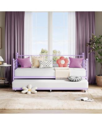 Daybed with Trundle, Twin Bed with Heart-Shaped Headboard, Sturdy Metal Frame with Slat Support, No Box Spring Needed