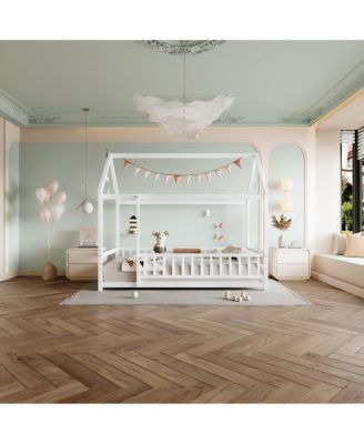 Wooden Floor Bed With House Roof Frame And Fence Guardrails White For Kids