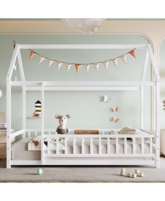 Wooden Floor Bed With House Roof Frame And Fence Guardrails White For Kids