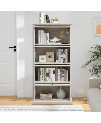 Display Cabinet with 4 Flip up Glass Doors, 4-Tier Versatile Storage Organizer, Antique Bookcase for Office, Living Room