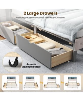 Full Size Bed Frame with Bookcase Headboard and LED Lights