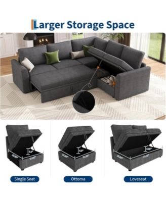 Sectional Sleeper Sofa, Corduroy Couch with Pull-Out Bed and Storage, Tool-Free Assembly