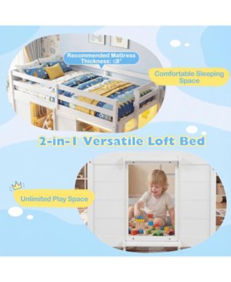 Wooden Low Kids Loft Bed with  LED Lights and 2 Doors