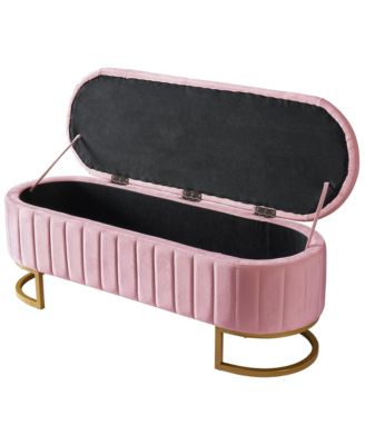 Velvet Upholstered Storage Ottoman - Button-Tufted, Golden Metal Legs, Storage Bench for Bedroom, Living Room