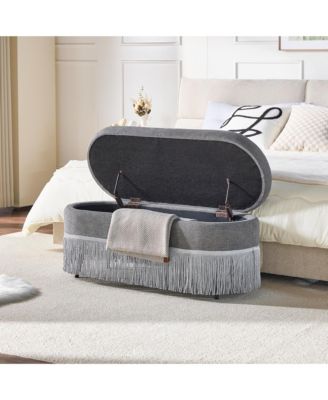 Oval Storage Ottoman, Upholstered Footrest with Fringe Trim, Hidden Storage and Metal Frame for Living Room, Bedroom