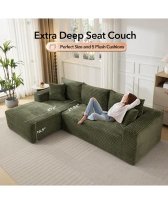 108" Cloud Sectional Sofa, L-Shaped Couch with Deep Seat, Corduroy, Green Left Chaise