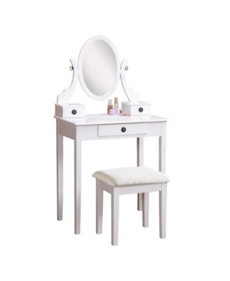 Wood Makeup Vanity Desk and Stool Set - Dressing Table with Mirror and 3 Storage Drawers for Bedroom