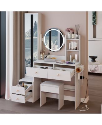 3-in-1 Vanity Set - Full Body Mirror Cabinet Mirror LED Makeup Dressing Table + Cushioned Stool with 2 AC + 2 USB Power Station for Bedroom