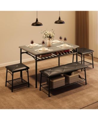 Dining Table with Benches, Kitchen Table Set for 4, Dining Room Table Set with Upholstered Bench and Square Stools