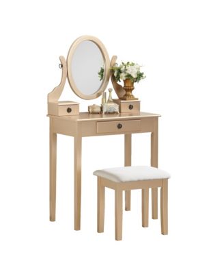 Wood Makeup Vanity Desk and Stool Set - Dressing Table with Mirror and 3 Storage Drawers for Bedroom