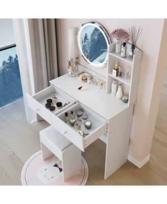 17" Round LED Mirror Vanity Desk  Cushion Stool Suit, Dressing Table with 2 Drawers, 3 Open Shelves for Bedroom