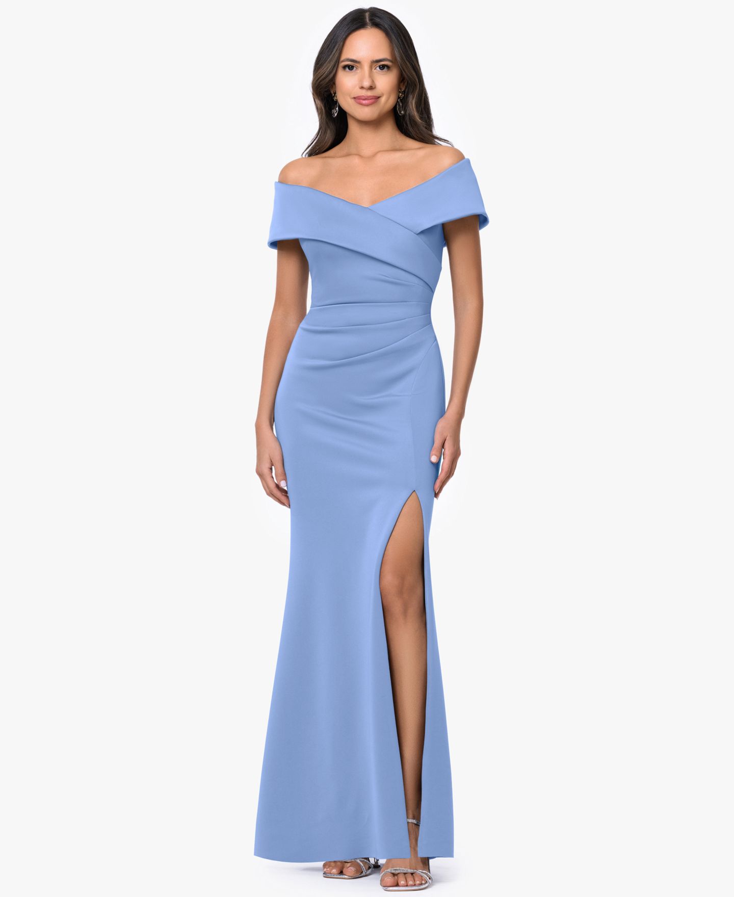 Женские платья XSCAPE Off-The-Shoulder Side-Slit Gown, цвет: Сланцевый — фото 1