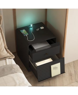 Nightstand with Charging Station, Smart Nightstand with LED Light, Bedside Tables with Storage Cabinet for Bedroom
