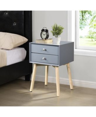 1 Pc Rubber Wood & MDF Mid Century Modern Nightstand with 2 Drawers Storage Bedside Table