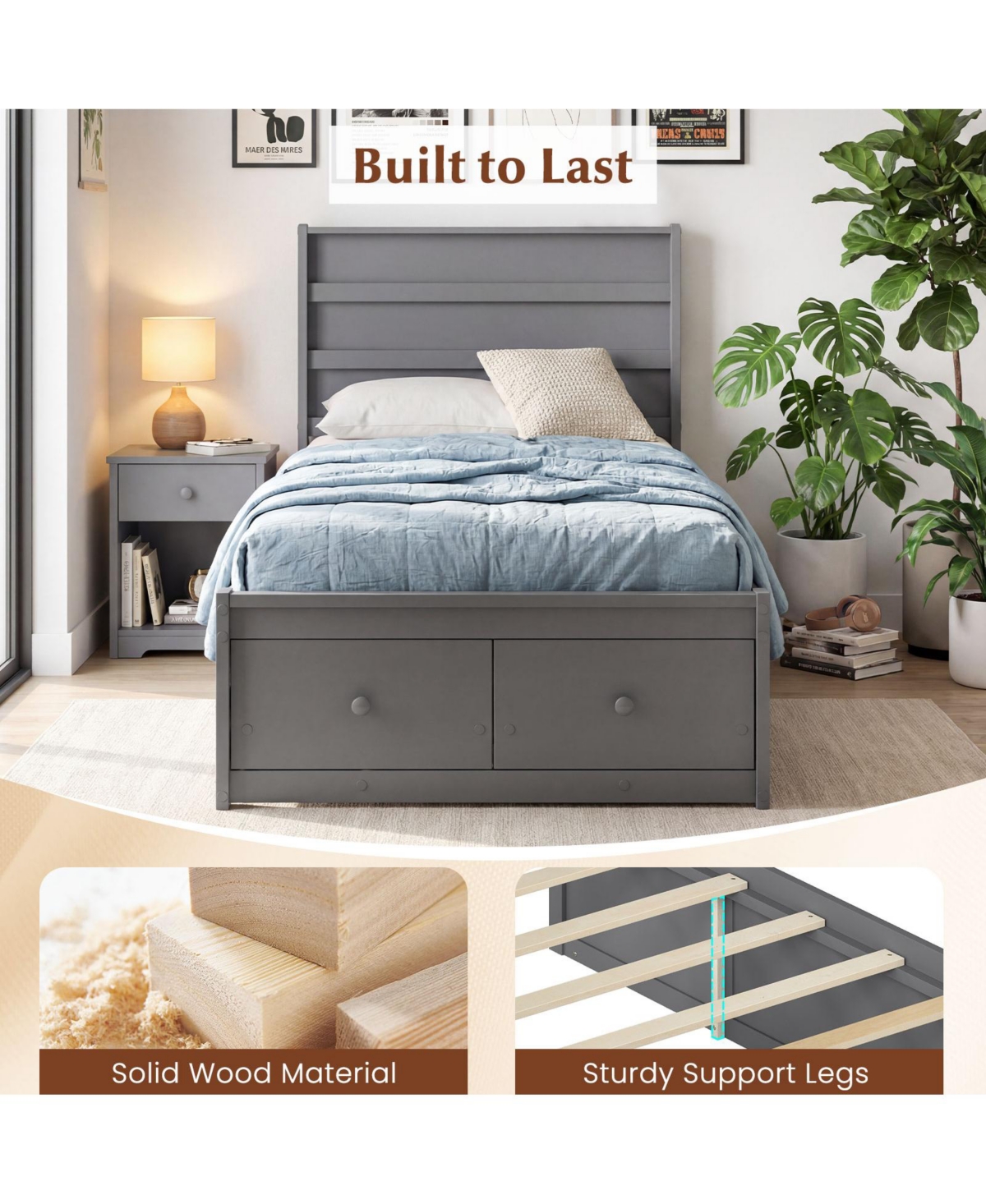 Gymax Twin Bed Frame w/Storage Drawers Headboard Wooden SlatandEnclosed Base