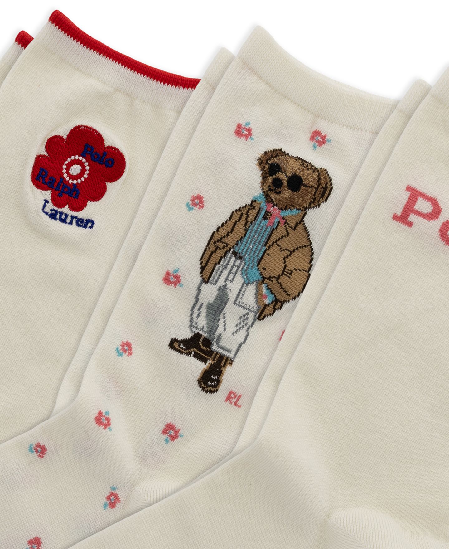 Женские носки Polo Ralph Lauren с цветами и медведем, 3 пары, цвет: Слоновая кость — фото 1