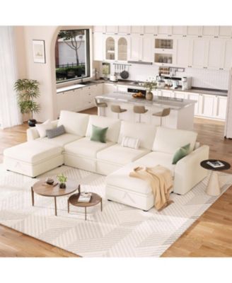 Sectional Sleeper Sofa with Pull-Out Bed, Chenille Modular Couch with Storage and 2 Ottomans