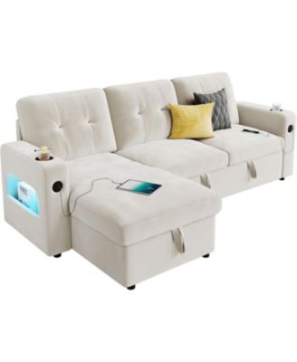 84" Sleeper Sofa Bed, L-Shaped Convertible Couch with Storage, Charging Station and LED Lights