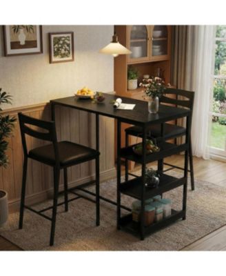 3-Piece Kitchen Table Set with Storage Shelves and 2 Upholstered Chairs - Iron and Wood Dining Table for Small Spaces, Apartments, Condos