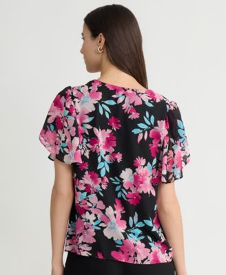 Women's Printed Flutter Sleeve Blouse