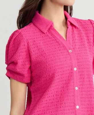 Women's Textured Collared Button-Front Blouse, Regular & Petite