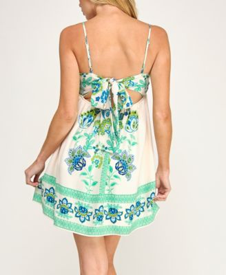 Juniors' Sleeveless Tie-Back Border Printed Linen Dress