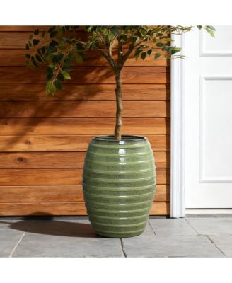 17.7" Tall Ceramic Planter Pot for Indoor Outdoor Plants with Ribbed Texture, Large Garden Plant Pots with Drainage Hole, Green