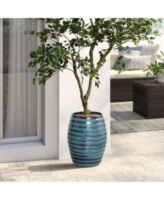 17.7" Tall Ceramic Planter Pot for Indoor Outdoor Plants with Ribbed Texture, Large Garden Plant Pots with Drainage Hole, Blue