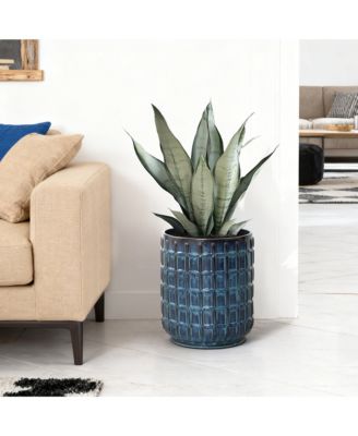 14" Tall Ceramic Planter Pot for Indoor Outdoor Plants with Geometric Texture, Large Garden Plant Pots with Drainage Hole, Blue