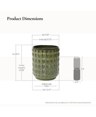 14" Tall Ceramic Planter Pot for Indoor Outdoor Plants with Geometric Texture, Large Garden Plant Pots with Drainage Hole, Green