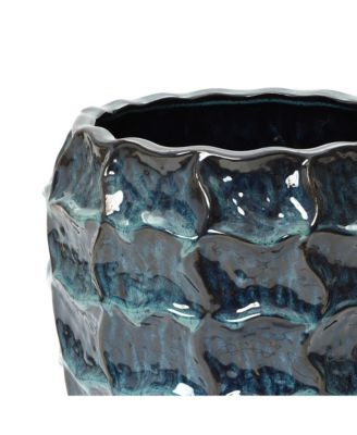 14" Tall Ceramic Planter Pot for Indoor Outdoor Plants with Geometric Texture, Large Garden Plant Pots with Drainage Hole, Blue