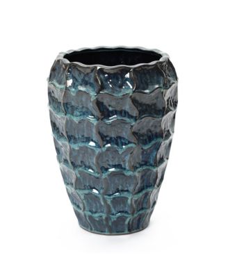 14" Tall Ceramic Planter Pot for Indoor Outdoor Plants with Geometric Texture, Large Garden Plant Pots with Drainage Hole, Blue