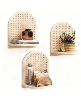 Rattan Wall Shelf Set of 3 7" Wicker Decor Boho Floating Shelves Plant Display