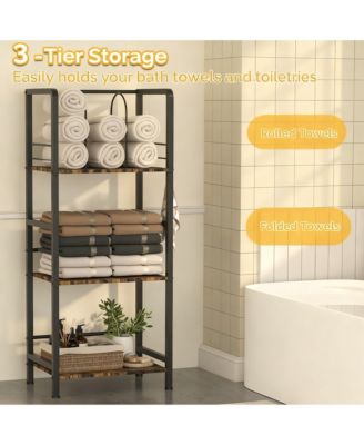 Freestanding Towel Rack 3-Tier Metal Shelf U-Shaped Dividers Hooks Bathroom