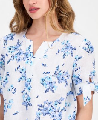 Petite Linen Shannons Garden Tie-Sleeve Top