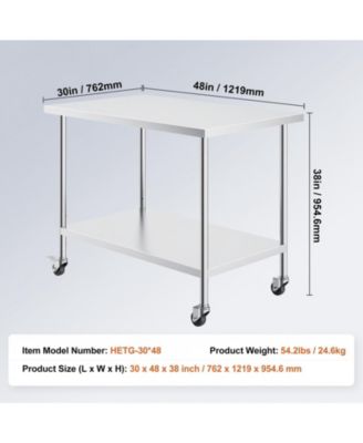Stainless Steel Rolling Work Table 30 x 48 x 38 in with 4 Casters