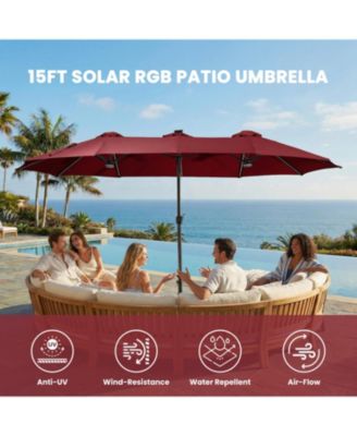 15ft Double-Sided Solar RGB LED Patio Umbrella with Base, Dual Charging