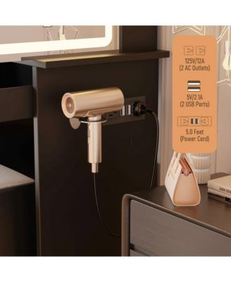 Vanity Desk with Sliding Mirror, LED Lights, Charging Station