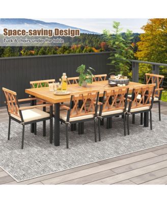 9 PCS Patio Dining Set Acacia Wood Table w/ Soft Cushions and 1.9'' Umbrella Hole