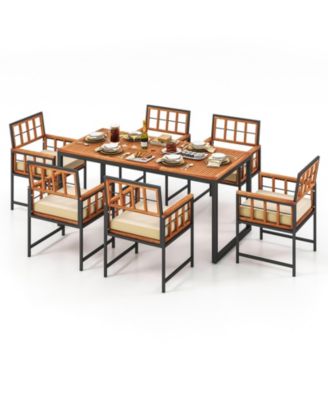 7PCS Dining Set Outdoor Acacia Wood Table w/ Soft Cushions Umbrella Hole Patio