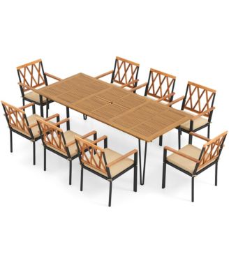 9 PCS Patio Dining Set w/ 8 Chairs Acacia Wood Table Top Umbrella Hole for Yard