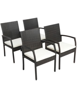 5PCS Rattan Dining Set Acacia Wood Table 4 Wicker Chairs w/ Umbrella Hole Patio