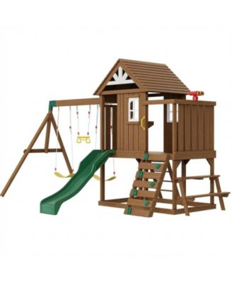 9 in 1 Wooden Swing Set with Slide Swings Fort Picnic Table and Sandbox